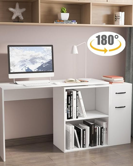L-Shaped Rotating Computer Desk 68 inch with Storage Shelves Home Office Corner Desk with Drawers and File Cabinet Multipurpose Study Writing Table for Bedroom Small Space White - LeafyLoom