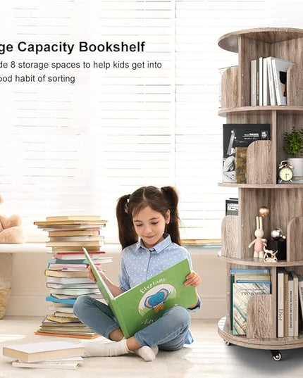 Nidouillet Rotating Bookshelf, 4 Tier Revolving Bookcase with Brake Wheels 360° Display Round Bookshelf Narrow Swivel Corner Book Shelf Standing Bookcase for Adult Bedroom, Living Room (Oak Grey) - LeafyLoom