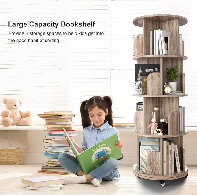 Nidouillet Rotating Bookshelf, 4 Tier Revolving Bookcase with Brake Wheels 360° Display Round Bookshelf Narrow Swivel Corner Book Shelf Standing Bookcase for Adult Bedroom, Living Room (Oak Grey) - LeafyLoom