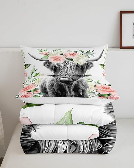 Feelyou Highland Cow Bedding Set Kids Rose Floral Bull Cattle Comforter Set for Girls Teens Western Wildlife Animal Comforter Farmhouse Duvet Set Room Decor Quilt Set Queen Size - LeafyLoom
