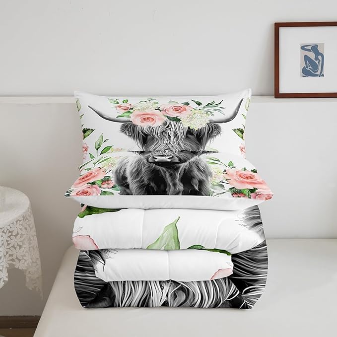 Feelyou Highland Cow Bedding Set Kids Rose Floral Bull Cattle Comforter Set for Girls Teens Western Wildlife Animal Comforter Farmhouse Duvet Set Room Decor Quilt Set King Size - LeafyLoom