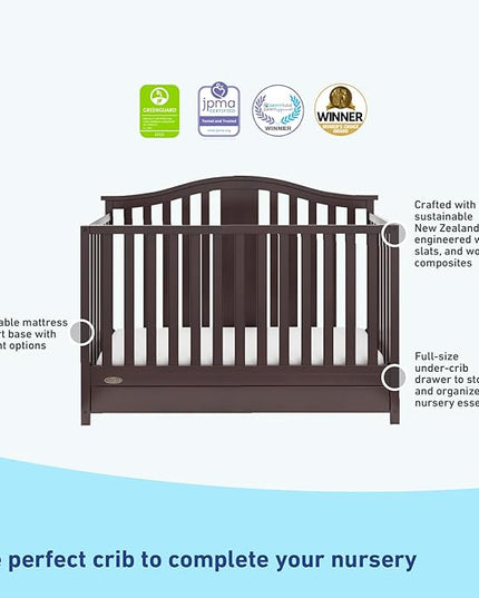 Graco Solano 4-in-1 Convertible Crib with Drawer (Espresso) – GREENGUARD Gold Certified, Crib with Drawer Combo, Includes Full-Size Nursery Storage Drawer, Converts to Toddler Bed and Full-Size Bed - LeafyLoom