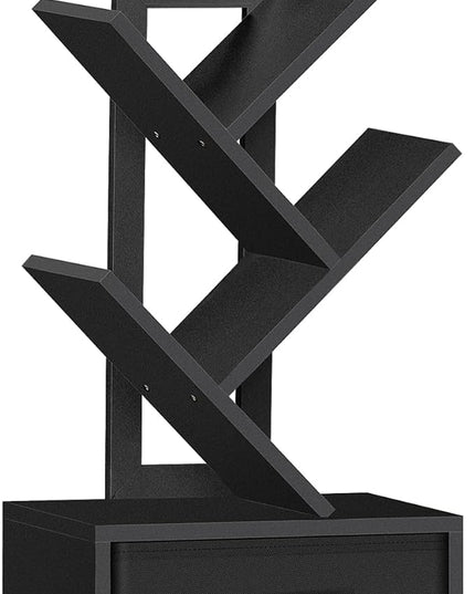 Small Book Shelf with Drawer,4 Tier Black Tree Bookshelf,Wooden Desktop Bookcase,Modern Desk Display Storage Bookshelves,Floor Standing Organizer Bookcases for Living Room,Bedroom,Office - LeafyLoom