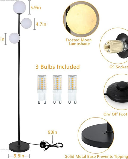 3 Globe Floor Lamps for Living Room, Black Standing Lamp with LED G9 Bulbs, Modern Floor Lamp with 3D Moon Printing Frosted Shades, 67" Corner Tall Lamp for Bedroom, Stand Up Lamp for Office Kids Room - LeafyLoom