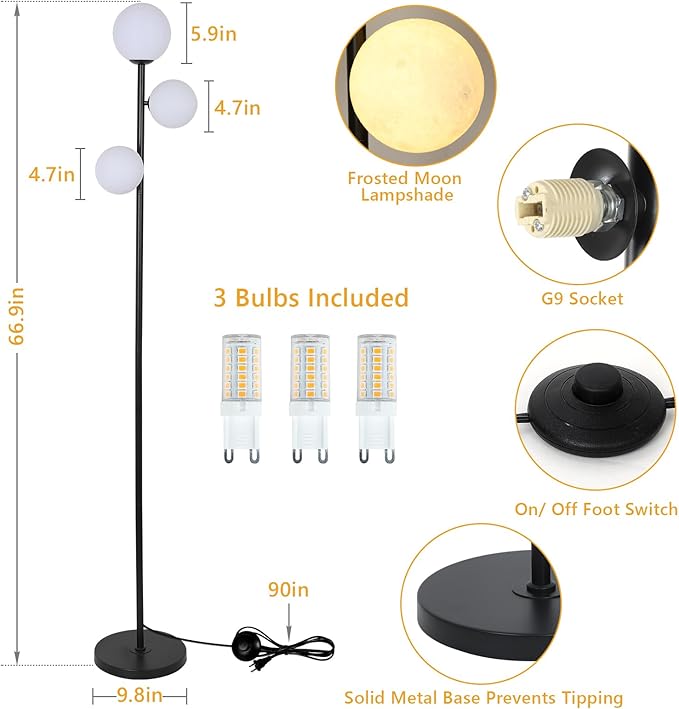 3 Globe Floor Lamps for Living Room, Black Standing Lamp with LED G9 Bulbs, Modern Floor Lamp with 3D Moon Printing Frosted Shades, 67" Corner Tall Lamp for Bedroom, Stand Up Lamp for Office Kids Room - LeafyLoom