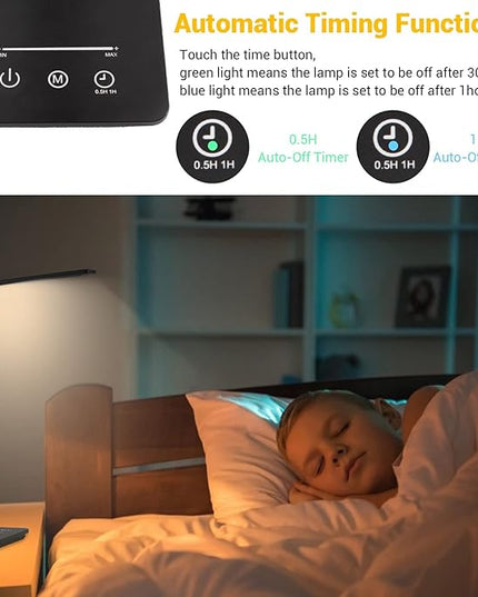 LED Desk Lamp for Home Office, 3 Levels Dimmable Desk Light with USB Charging Port, Small Study Lamp, Reading Light for Table, Deep Black, 5000K - LeafyLoom