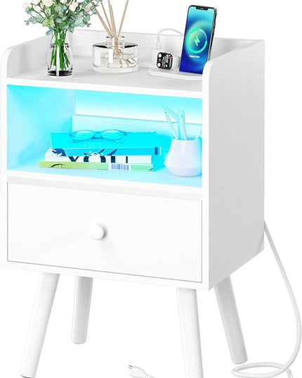 Yoobure Nightstand with Charging Station, Modern Night Stand with LED Lights, Wood Nightstands with Fabric Drawer & Storage Shelf, Night Stands Bedside Table with USB Ports for Bedroom, Office, Home - LeafyLoom