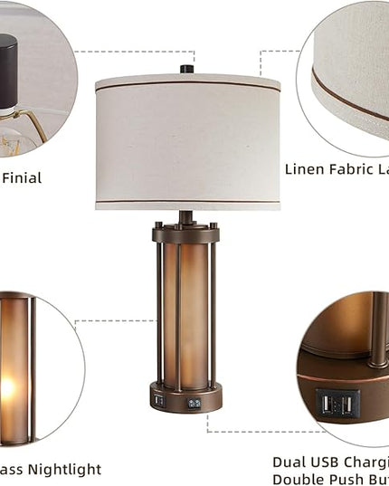 Set of 2 Farmhouse Table Lamps for Living Room with 2 USB Ports, Vintage Rustic Nightstand Lamps with Amber Glass Nightlight, Retro Desk Lamps for Bedroom Entryway, 4 Bulbs Included (Brown) - LeafyLoom