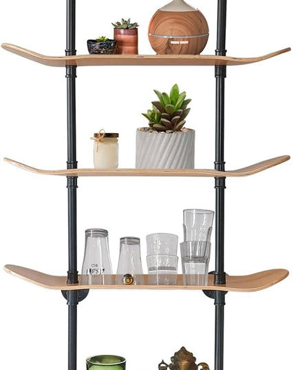 Industrial Shelves - 6 Tier Industrial Decor Pipe Bookcase Using 7 Ply Skateboard Decks - Natural Wood Stain Finish - Bathroom Wall Decor, Living Room Furniture, Book Shelf for Skateboard Enthusiasts - LeafyLoom