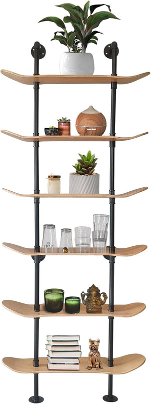 Industrial Shelves - 6 Tier Industrial Decor Pipe Bookcase Using 7 Ply Skateboard Decks - Natural Wood Stain Finish - Bathroom Wall Decor, Living Room Furniture, Book Shelf for Skateboard Enthusiasts - LeafyLoom