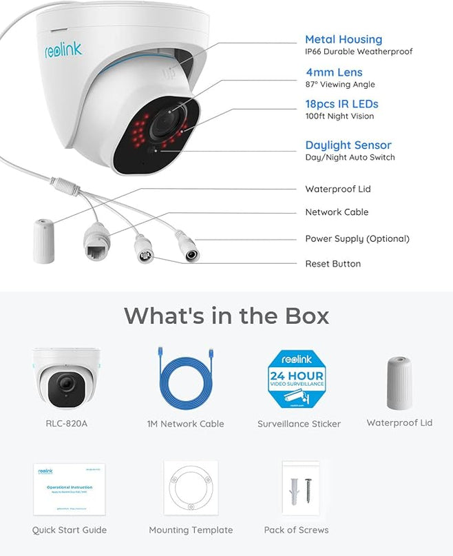REOLINK 4K Security Camera Outdoor System, IP PoE Dome Surveillance Camera with Human/Vehicle Detection, 100Ft 8MP IR Night Vision, Work with Smart Home, Timelapse, Up to 256GB SD Card, RLC-820A REOLINK