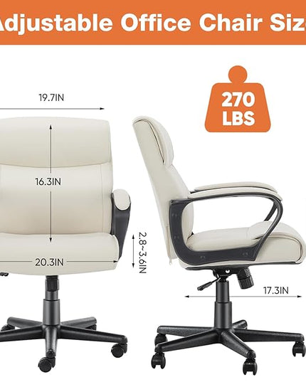 Sweetcrispy Executive Office Chair with Padded Armrests Adjustable Height, 360-Degree Swivel, Lumbar Support, PU Leather, Cream - LeafyLoom