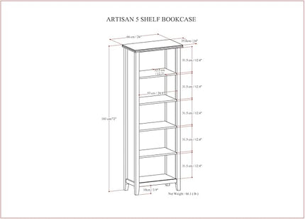 SIMPLIHOME Artisan SOLID WOOD 26 Inch Contemporary 5 Shelf Bookcase in Russet Brown, For the Living Room, Study Room and Office - LeafyLoom