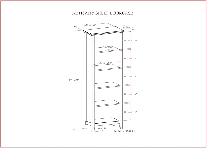SIMPLIHOME Artisan SOLID WOOD 26 Inch Contemporary 5 Shelf Bookcase in Russet Brown, For the Living Room, Study Room and Office - LeafyLoom