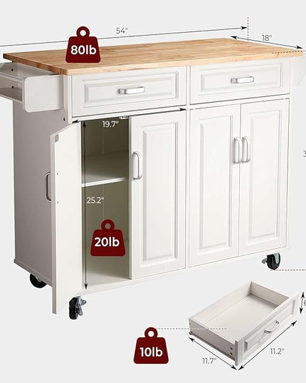 54" Rolling Kitchen Island on Wheels, Large Kitchen Island Cart with Storage Cabinet, Portable Wood Island Table for Kitchen with 2 Drawers and Spice Rack & Towel Rack, White - LeafyLoom