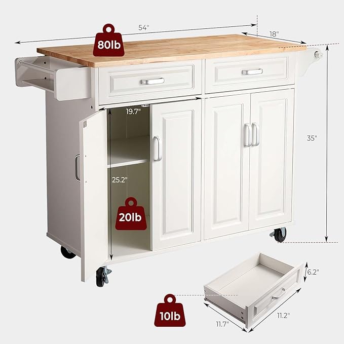 54" Rolling Kitchen Island on Wheels, Large Kitchen Island Cart with Storage Cabinet, Portable Wood Island Table for Kitchen with 2 Drawers and Spice Rack & Towel Rack, White - LeafyLoom
