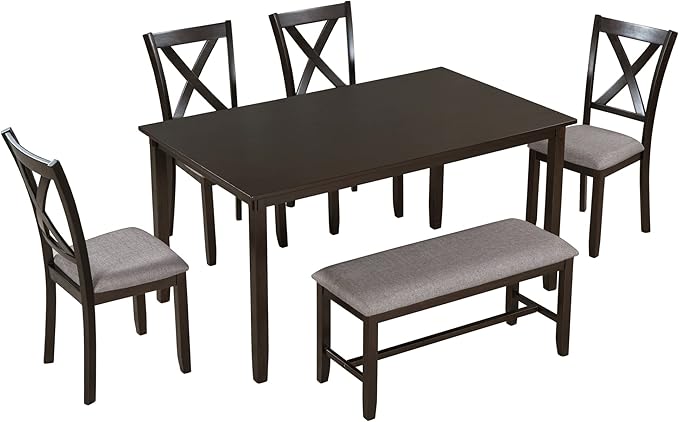 6-Piece Wooden Rectangular Dining Table Set with Bench and 4 Upholstered Chairs for Kitchen Living Room, Farmhouse Rustic Style, Espresso, 60''L x 36''W x 30''H - LeafyLoom