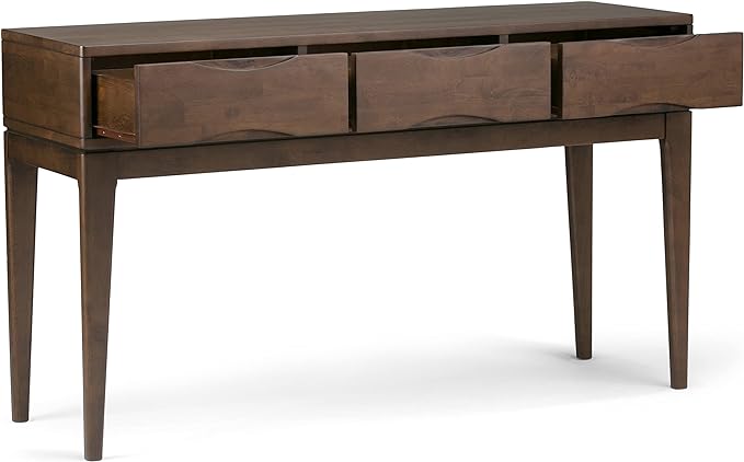SIMPLIHOME Harper SOLID WOOD 54 inch Wide Mid Century Modern Console Sofa Entryway Table in Walnut Brown with Storage, 3 Drawers , for the Living Room, Entryway and Bedroom - LeafyLoom