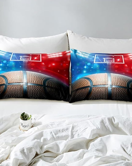 Erosebridal Basketball Comforter Set Full for Kids Boys Teens Men,Sport Basketball Bedding Set Ball Games Down Comforter Red Blue Basketball Court Quilt Duvet Set Sports Room Decor 2 Pillow Cases - LeafyLoom