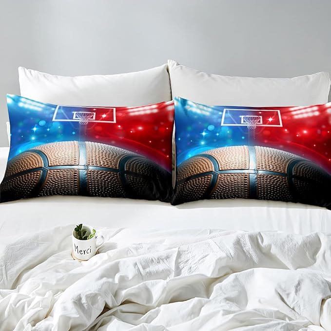 Erosebridal Basketball Comforter Set Full for Kids Boys Teens Men,Sport Basketball Bedding Set Ball Games Down Comforter Red Blue Basketball Court Quilt Duvet Set Sports Room Decor 2 Pillow Cases - LeafyLoom