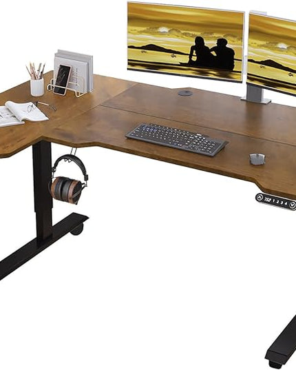 Adjustable Height L-Shaped 59 Inch Electric Standing Desk - Sit Stand Computer Desk with 3 Splice Board, Lockable Casters, Stand Up Desk Table for Home Office, Black Frame and Rustic Brown Top - LeafyLoom