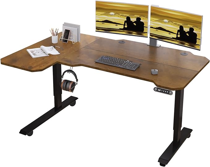 Adjustable Height L-Shaped 59 Inch Electric Standing Desk - Sit Stand Computer Desk with 3 Splice Board, Lockable Casters, Stand Up Desk Table for Home Office, Black Frame and Rustic Brown Top - LeafyLoom