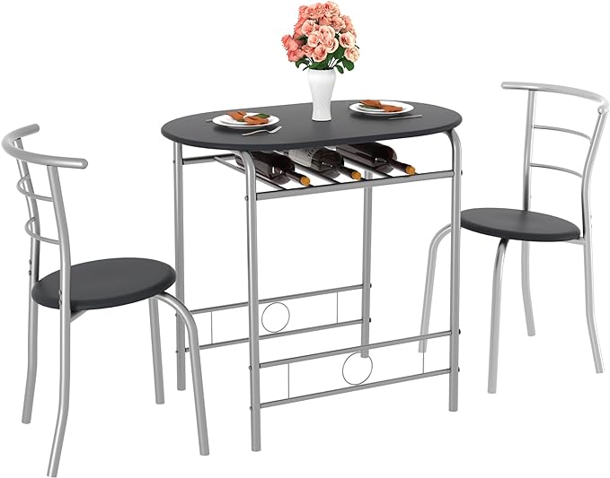 VECELO 3-Piece Dining Table Set for Kitchen Breakfast Nook, Wood Grain Oval Tabletop and Metal Frame with Built-in Wine Rack, for Small Spaces, 31.5", Black and Silver - LeafyLoom