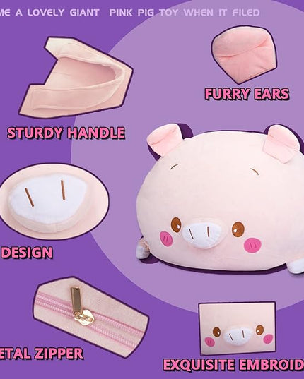 Stuffed Animal Storage Bean Bag Chair Cover for Kids Pink Pig Plush Bean Bag Chair for Girls Large Size Toy Organizer Cover Only Without Filling - LeafyLoom
