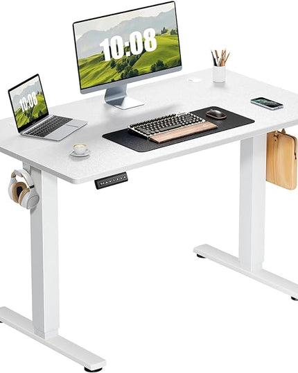 Sweetcrispy Electric Adjustable Height Standing Desk - 40 x 24 inch Sit to Stand Up Desk with Splice Board, Rising Home Office Computer Table with 2 Hook and Wire Hole for Work - LeafyLoom