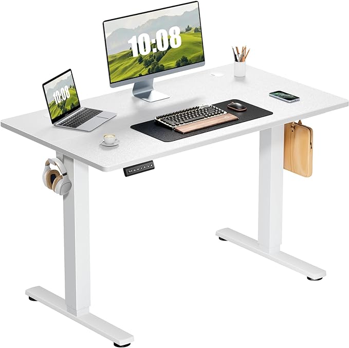 Sweetcrispy Electric Adjustable Height Standing Desk - 40 x 24 inch Sit to Stand Up Desk with Splice Board, Rising Home Office Computer Table with 2 Hook and Wire Hole for Work - LeafyLoom