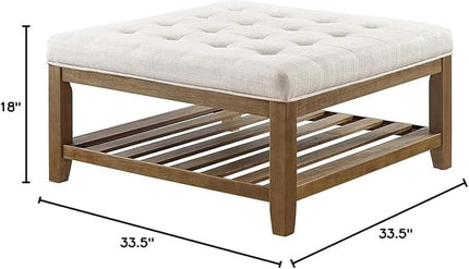24KF Large Square Upholstered Tufted Linen Ottoman Coffee Table, Large Footrest Ottoman with Solid Wood Shelf-Ivory - LeafyLoom