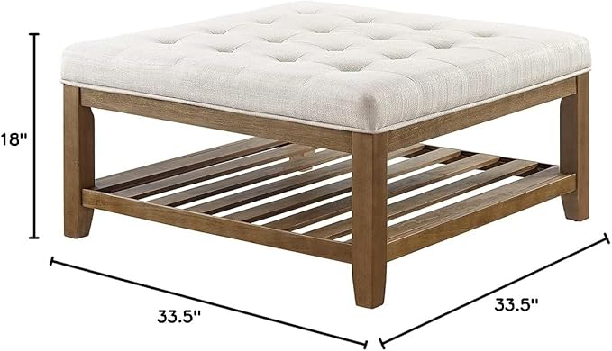 24KF Large Square Upholstered Tufted Linen Ottoman Coffee Table, Large Footrest Ottoman with Solid Wood Shelf-Ivory - LeafyLoom