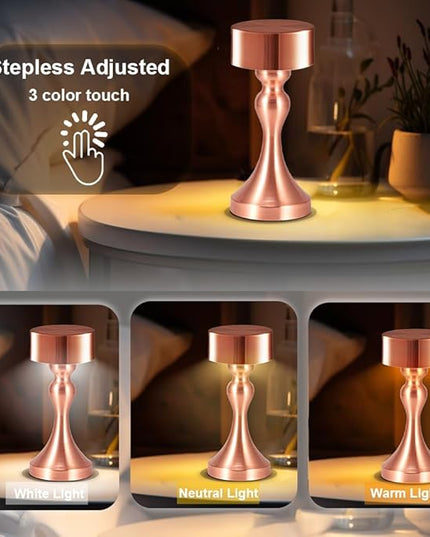Portable Metal Desk Lamp, Cordless Metal LED Table Lamp,3 Color Touch Control Rechargeable Lamp,3-Levels Brightness Room Decor Desk Lamp,Bedside Lamp,Dining Room Lamp (Rose Gold) - LeafyLoom