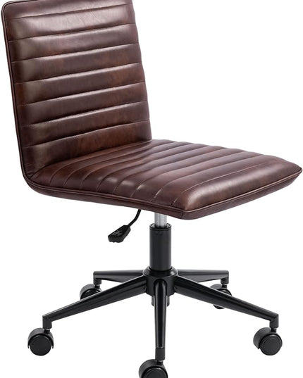 Furniliving Leather Home Office Chair, Armless Vanity Desk Task Chair with Wheels 360° Swivel Computer Rolling Desk Chair with Back, Adjustable Accent Chair with Base Stool - LeafyLoom