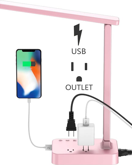 Drevet LED Desk Lamp, Desk Light with 1 USB Charging Port and 2 AC Power Outlet, 3 Lighting Modes, 3 Level Brightness,1H Timer, Touch Control, Eye-Caring Home Office Foldable Table Lamp (Pink) - LeafyLoom