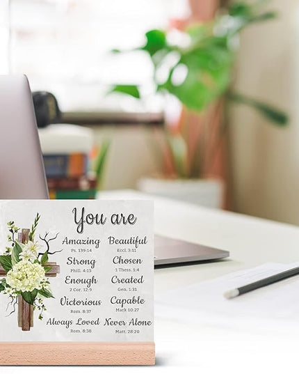 TIKTREE Christian Gifts, Religious Gifts for Women Faith, Catholic Spiritual Gifts with Bible Verse, Christian Home Desk Decor with Wood Stand - LeafyLoom