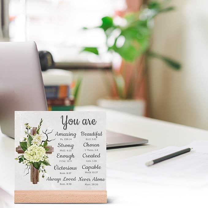 TIKTREE Christian Gifts, Religious Gifts for Women Faith, Catholic Spiritual Gifts with Bible Verse, Christian Home Desk Decor with Wood Stand - LeafyLoom