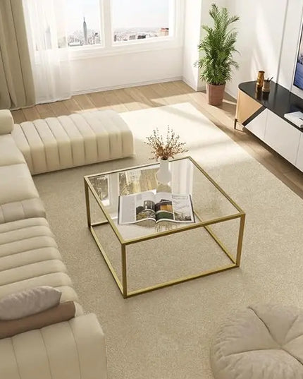 SAYGOER Gold Coffee Table Glass Modern Coffee Tables for Small Space Simple Square Center Table for Living Room Home Office 26.7 x 26.7 x 15.7, Easy Assembly - LeafyLoom