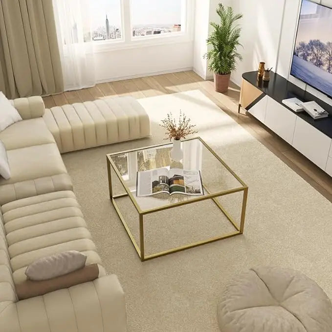 SAYGOER Gold Coffee Table Glass Modern Coffee Tables for Small Space Simple Square Center Table for Living Room Home Office 26.7 x 26.7 x 15.7, Easy Assembly - LeafyLoom