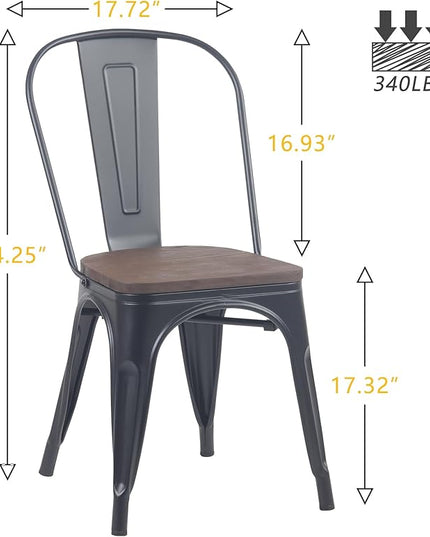 YOUNIKE Metal Dining Chairs Set of 4 Iron Stackable Removable Back Wood Seat Patio Chairs Rubber Feet Stylish Modern Indoor Outdoor Classic Chic Industrial Vintage Bistro Kitchen Matte Black - LeafyLoom