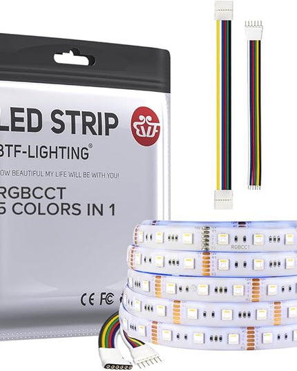 BTF-LIGHTING RGBCCT 5 Colors in 1 LED 5050SMD RGBWW RGB+Dimmable Tunable Color Temperature 2700K-6500K 16.4ft 60LEDs/m 300LEDs DC12V Multi-Colored Tape Lights IP65 White PCB(No Adapter or Controller) BTF-LIGHTING