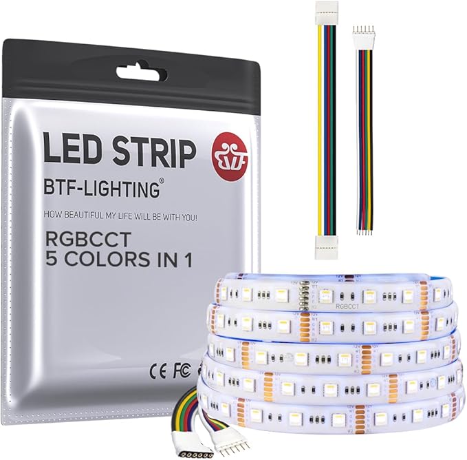 BTF-LIGHTING RGBCCT 5 Colors in 1 LED 5050SMD RGBWW RGB+Dimmable Tunable Color Temperature 2700K-6500K 16.4ft 60LEDs/m 300LEDs DC12V Multi-Colored Tape Lights IP65 White PCB(No Adapter or Controller) BTF-LIGHTING