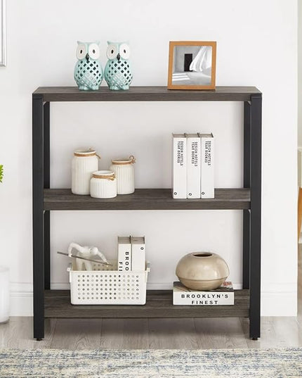 Bookshelf and Bookcase, 3 Tier Vintage Shelf for Office, Rustic Wood and Metal Book Shelves, Grey - LeafyLoom