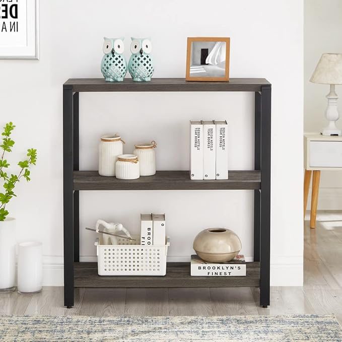 Bookshelf and Bookcase, 3 Tier Vintage Shelf for Office, Rustic Wood and Metal Book Shelves, Grey - LeafyLoom