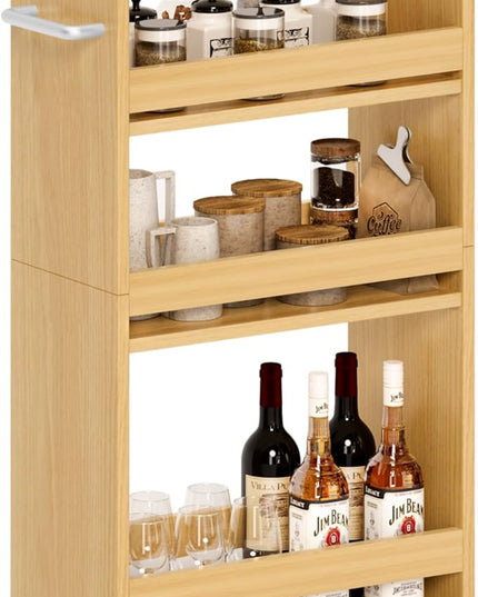 MARTY Rolling Storage Cart 7.9" W, 4-Tier Narrow Kitchen Cart on Wheels Laundry Room Organization with Handle Mobile Shelving Utility Cart Multi-Functional Trolley for Kitchen Bathroom (Maple) - LeafyLoom