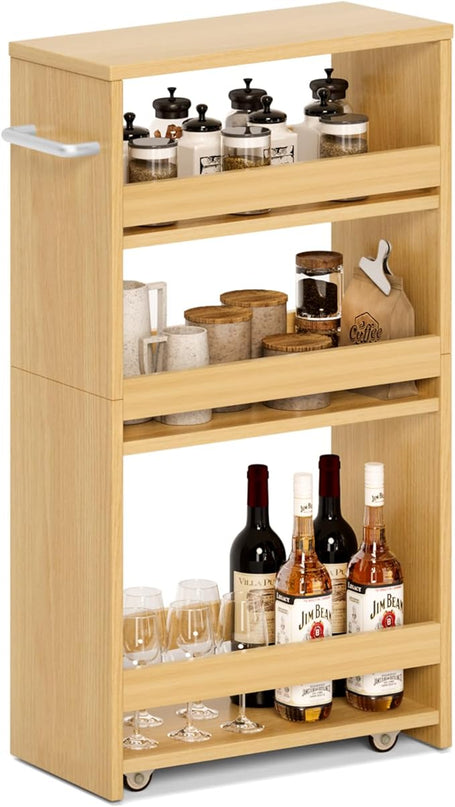 MARTY Rolling Storage Cart 7.9" W, 4-Tier Narrow Kitchen Cart on Wheels Laundry Room Organization with Handle Mobile Shelving Utility Cart Multi-Functional Trolley for Kitchen Bathroom (Maple) - LeafyLoom