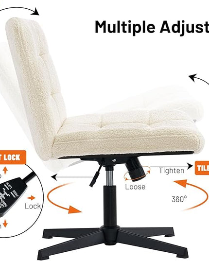 Furniliving Home Office Desk Chair No Wheels, Criss Cross Legged Wide Chair Armless Height Adjustable Chair with Mid Back Swivel Accent Vanity Chairs, Sherpa-IvoryWhite - LeafyLoom