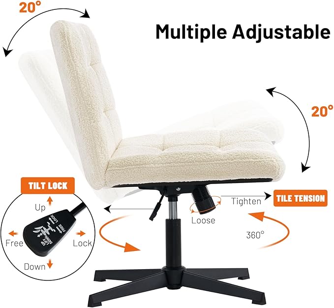 Furniliving Home Office Desk Chair No Wheels, Criss Cross Legged Wide Chair Armless Height Adjustable Chair with Mid Back Swivel Accent Vanity Chairs, Sherpa-IvoryWhite - LeafyLoom