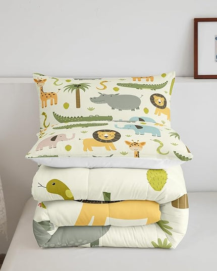 Feelyou Nursery Cute Wild Animals Bedding Set for Girls Boys Child Kids Cartoon Lion Giraffe Crocodile Comforter Decor Nature Wildlife Comforter Set Zoo Animal Duvet Set King Size Quilt Boys - LeafyLoom