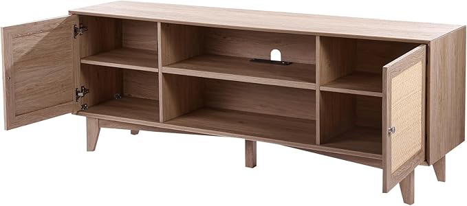 VEVOR Rattan TV Stand, Mid Century Modern TV Stand for 75 inch TV, Boho Rattan TV Cabinet with Build-in Socket and USB Ports, Adjustable Shelfs for Living Room, Media Room, Oak - LeafyLoom